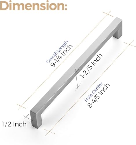 Ravinte Brushed Nickel Square Cabinet Handles & Pulls 8-4/5 Inch 10 Pack - size: 9-1/4 in (8-4/5 in Hole Center)