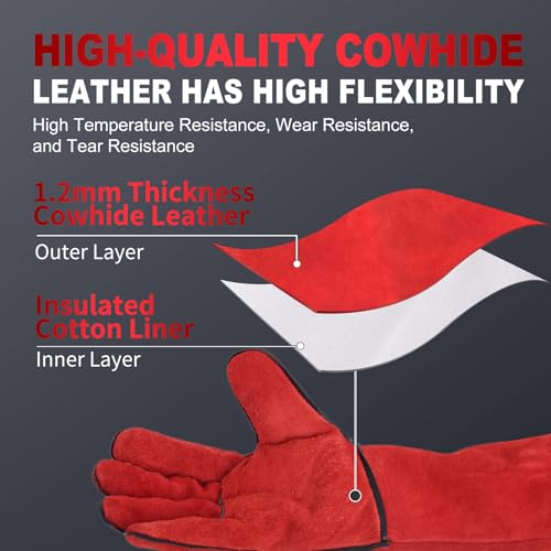 TOPDC Welding Gloves 14 Inch Heat Resistant Leather For Mig Stick Forge - color: 14 Inch Red