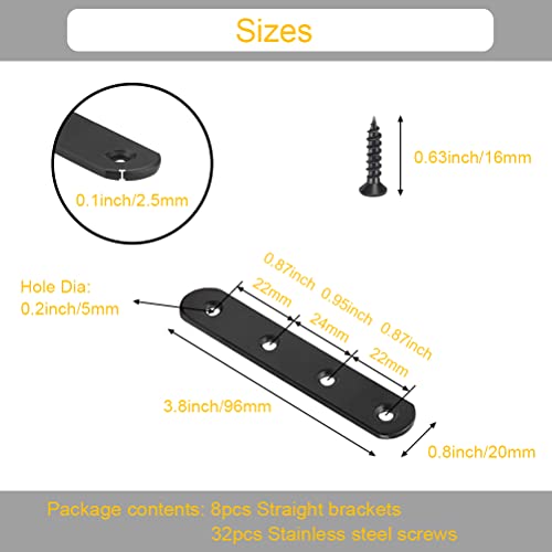 8 Pack Black Straight Brace Brackets 4 Inch Stainless Steel Flat Mending Plates, Heavy Duty Repair Fixing Joining Brackets for Wood Furniture with Screws