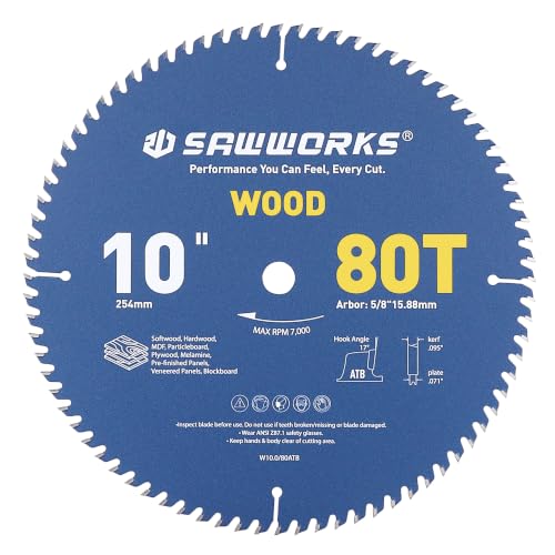 SawWorks 10" 80T ATB Circular Saw Blade Woodworking for Fine Finish & Trim - size: 10 In 80T