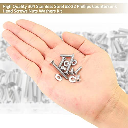 212 Pieces #8-32 x 1/4", 5/16", 3/8", 1/2", 5/8", 3/4", 1", 1-1/4", Countersunk Head Socket Cap Screws Nuts Washers Assortment Kit, 304 Stainless Steel, Fully Machine Thread - size: #8-32, style: Countersunk Head