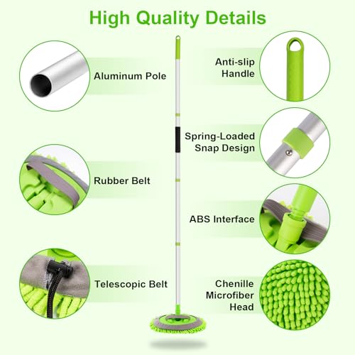 Ordenado 62" Car Wash Brush Kit Mitt Mop Sponge with Long Handle Chenille Microfiber Car Cleaning Brush Kit Supplies Car Washing Mop Kit Car Care Kit of Scratch-Free Replacement Head for Car RV Truck - color: A-green