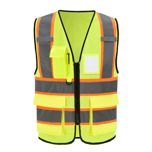 A-SAFETY Mesh High Vis Vest, Reflective Construction Vest with Pockets - color: Yellow, size: Large