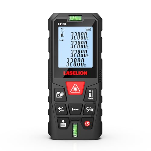 LT100 Laser Measure, 328ft/100m Laser Measurement Tool, with 2 Bubble Levels, Measuring Tool 4 Units Conversion、LCD Backlit Display, IP54 Waterproof, Pythagorean Mode for Distance, Area, Volume - size: 328ft