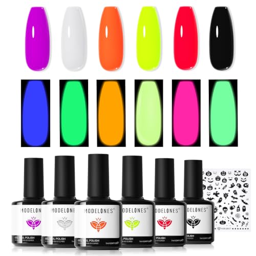 modelones Halloween Gel Nail Polish Set, Glow in the Dark 6 Colors - color: A A A1 Halloween Midnight Glow Collection