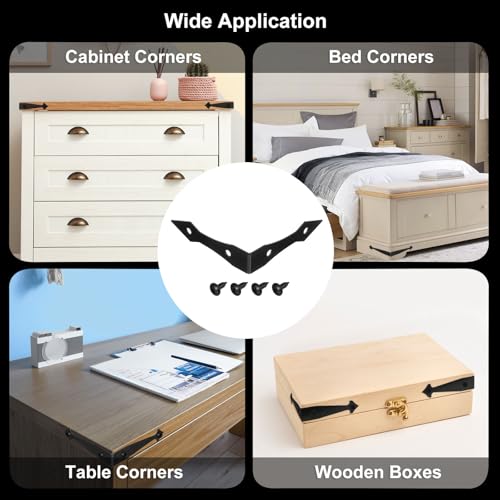 uxcell 4Pcs Decorative Corner Brackets, 3.9" x 3.9" x 0.9" l Bracket Metal Corner Protector Right Angle Bracket with Screw for Furniture Wooden Box Trunk, Black