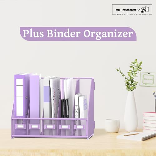 SUPEASY Desk Organizers Metal Desk Magazine File Holder with 5 Vertical Compartments Rack File Organizer for Office Desktop, Classroom, Home Workspace, Purple Plus - color: Purple, size: Large