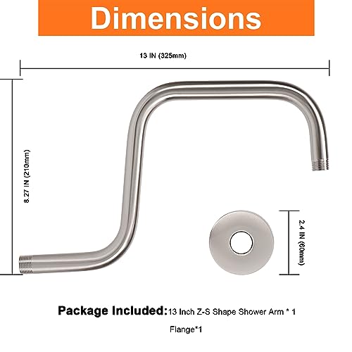 S Shaped Shower Arm, High Rise Shower Head Extension Pipe Standard 1/2" Connection with Flange, Awesome Shower Experience-Stainless Steel Bathroom Accessory(13 Inch Z-S Shape, Brushed Nickel) - color: Brushed Nickel, style: 13" Z Shape
