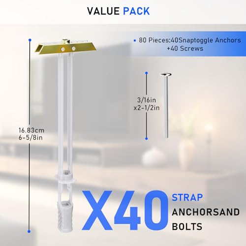 Drywall Anchor with Included Bolts for 3/16”-24, Heavy Duty Hollow Drywall Anchors for TV Mounting Kit, Strong Hollow Wall Anchors Holds up to 240lbs Each in 1/2” Drywall, 40 Packs - size: 3/16”-24: Pack of 40