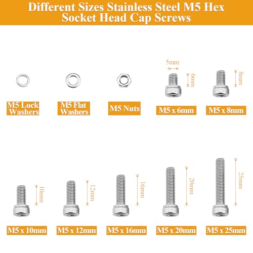 245 Pieces M5 Screws Nuts Washers Set, Sutemribor M5 x 6/8/10/12/16/20/25mm Hex Socket Head Cap Screws Nuts Washers Assortment Kit, 304 Stainless Steel, Fully Threaded - size: M5, style: Socket Head