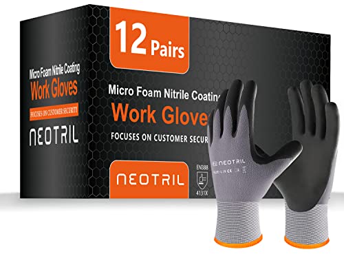 NEOTRIL Safety Work Gloves MicroFoam Nitrile Coated-3/6/12/36 Pairs,Breathable Nylon Working Gloves for Men Women - color: 12 Pairs/ Grey