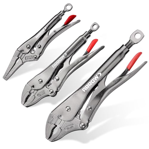 ARROW 3PCS Locking Pliers Set with Long Nose and Curved Jaw | 6.5" Long Nose, 7" & 10" Curved Jaw Locking Pliers, CR-MO Steel, One-Hand Release, Adjustable Screw, Anti-Slip Handle - size: 6.5&7&10inch