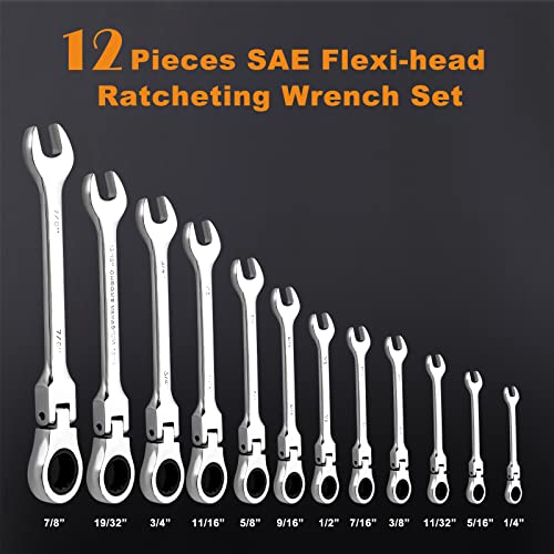 Qnkaa Qnkaa12pcs Flexible Ratchet Wrenches Set SAE 1/4” to 7/8“ Inch - size: 12-Piece SAE Set