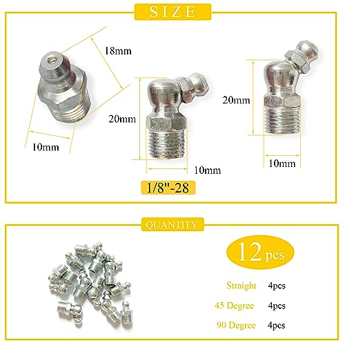 1/8"-28 12Pcs Grease Fitting Assortment - Straight 45 & 90 Degree Grease Zerk Fittings, Galvanized Steel, Industrial/Agricultural Machinery - size: 1/8"-28 12Pcs