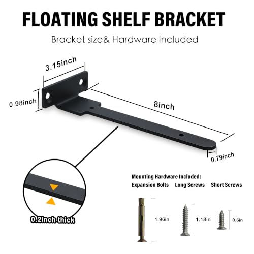 4 Pack Floating Shelf Brackets 8 Inch Black Metal Hidden L Supports - size: 4 Pack