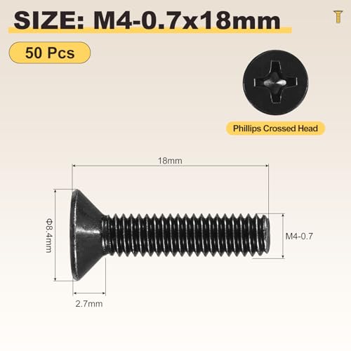 METALLIXITY M4-0.7x18mm Phillips Flat Head Bolts 304 Black 50Pcs - color: Black, size: M4-0.7x18mm