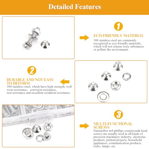 385 Pieces M4 Machine Screws Nuts Washers Set, Sutemribor M4 x 5/6/8/10/12/16/20mm Phillips Countersunk Head Machine Screws Nuts Washers Assortment Kit, 304 Stainless Steel, Fully Threaded - size: M4, style: Phillips Countersunk Head