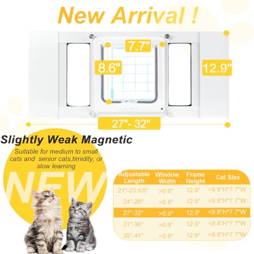 Cat Door for Window, Quick Damage-Free Install, 28"-32" Width Adjustable, All Aluminum Frame, 4-Way Lock, Magnetic Closure Cat Window Door, Extra Window Sealing Strips (M) - size: M: Fits 28"-32" Width