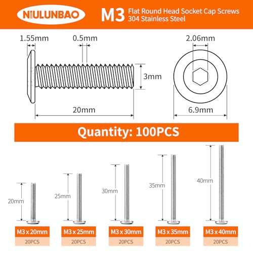 M3 x 20mm 25mm 30mm 35mm 40mm Flat Round Head Hex Socket Cap Screws Bolts, Furniture Screws, 304 Stainless Steel, Metric Fully Threaded, Allen Hex Drive, Bright Finish, Assortment Kit 100PCS - size: M3 x 20/25/30/35/40mm (100PCS)