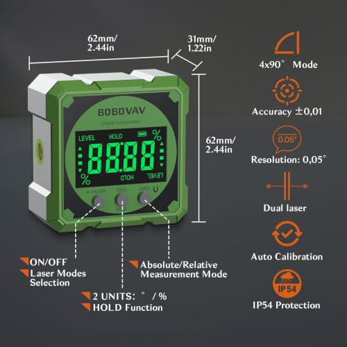 4-side Magnetic Digital Angle Gauge with Laser(Class 2, ＜1mW Output), 4 * 90° Rechargeable Electronic Inclinometer Protractor Level Gauge for Woodworking Tablesaw- Green - color: Green