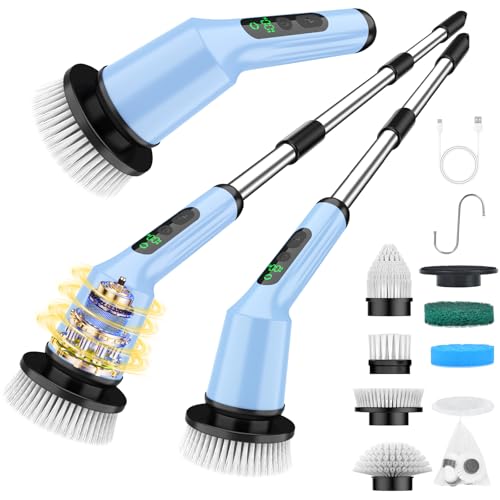 Electric Spin Scrubber for Bathroom, Shower Scrubber with Long Handle - color: Sky, size: 8 Brush Heads