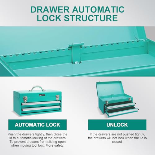 Amazon Basics Metal Tool Box with Drawers, Storage and Organization Tool Chest, Powder Coat Finish, 18.1 x 8.7 x 9.5 in, Turquoise