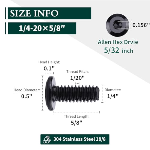 1/4-20 x 5/8" Black Hex Socket Head Cap Screws, 304 Stainless Steel 18-8, Furniture Bolts, Connector Screws, Black Coated, Full Thread, 25 PCS - size: 1/4-20 x 5/8"