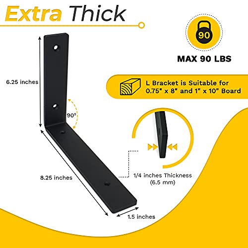 1/4" Thk Heavy Duty Shelf Brackets, 8.25" X 6.25", 4 Pack - Max. 90lb - size: 8.25"X6.25"