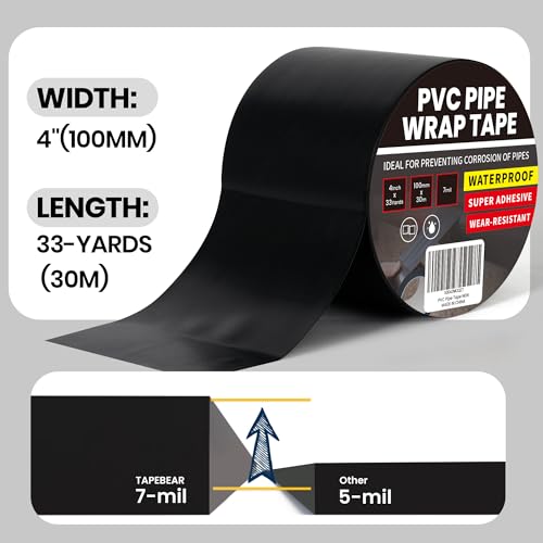 TAPEBEAR Corrosion Protection PVC Pipe Tape 4" x 33Yard 7mil Thick Black - size: 4Inch x 33Yard