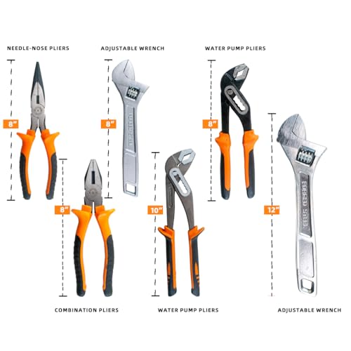 6-Piece Large Pilers and Wrench Set,8" & 10" Groove Joint Pliers,8" & 12" Adjustable Wrench with 8 Inch Long Nose and Lineman's Pliers for Home Use and DIY Project - style: 6 Pack 8" & 10" & 12"