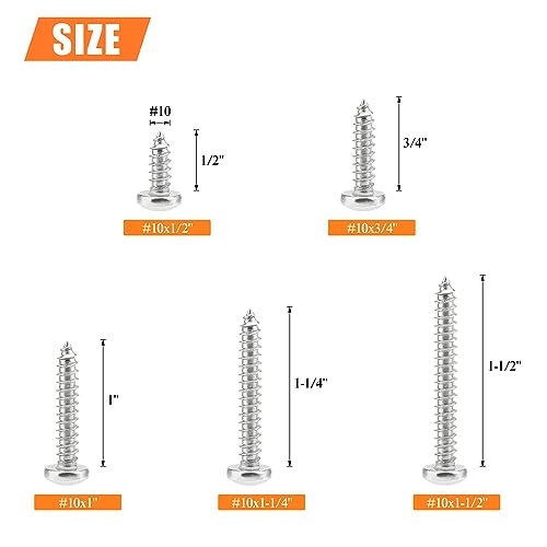 #10 x 1/2" 3/4" 1" 1-1/4" 1-1/2" Wood Screws Set, HELIFOUNER 102 Pieces Phillips Pan Head Self-Tapping Screws Assortment Kit, Phillips Pan Head Wood Screws, 304 Stainless Steel - size: #10