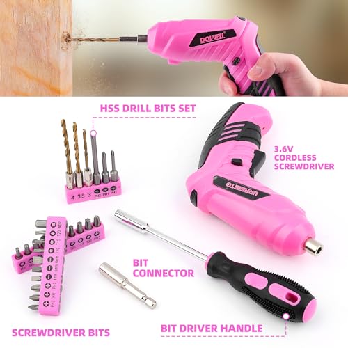 URASISTO 123 Piece Pink Household Tool Set with 3.6V USB Electric Screwdriver, Home Tool Kit with Cordless Lithium-ion Drill Driver, HandTool Kits for Women - size: 123 Piece