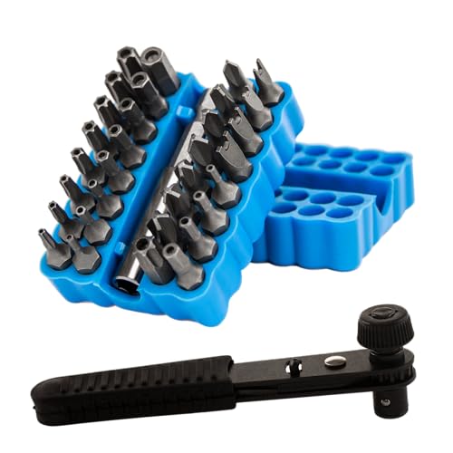 34pcs Security Bit Set 1/4 Inch Hex Shank Screwdriver Bit Set,Tamper Proof Bits-Torx+Hex+Tri Wing+Star+Spanner for Torx Security Screwdriver Set,High Hardness Impact Driver Bit Set(Blue+BlackRatchet) - color: Blue+blackratchet