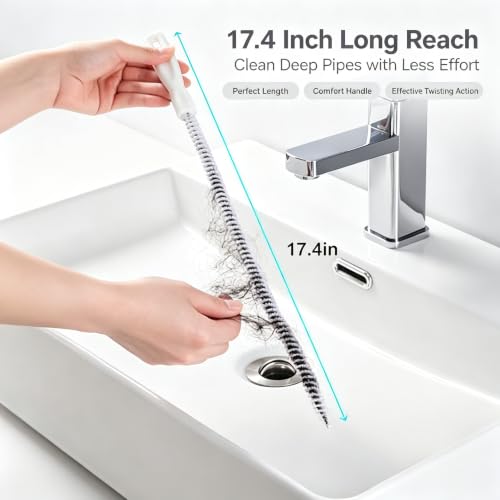 Drain Cleaning Brush, Flexible Sink Drain Clog Remover Tool, Long Pipe Hair Catcher Cleaner for Kitchen Sink, Bathroom Tub, Toilet and Shower Drain, Reusable Cleaning Accessory