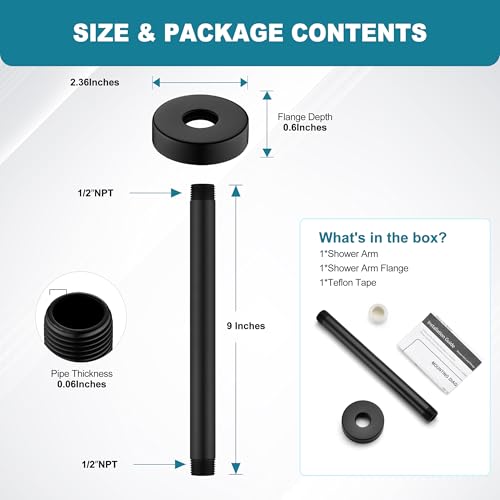 BRIGHT SHOWERS Shower Arm with Flange for Rainfall Shower Head, 9 Inch Ceiling Mount Straight Arm, Replacement Extension Pipe, Heavy-Duty Stainless Steel, Rust-Resistant, 1/2" NPT, Matte Black - color: Matte Black, style: 9 Inch