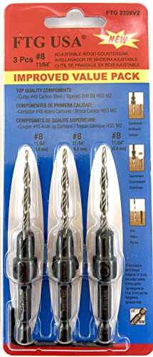 FTG USA #8 (11/64") Wood Countersink Drill Bit 3-Pc Set with Hex Key - size: #8, style: 3 Pc w/o Depth Stop