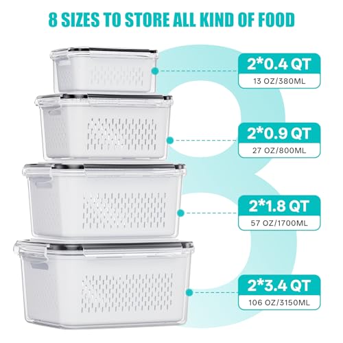 HOMETALL 8 Pack Fruit Storage Containers for Fridge with Strainer, BPA Free Fruit Cleaning Bowl Fridge Organizer, Plastic Fresh Keeper Set Refrigerator Organizer for Salad Berry Produce - size: 8PCS