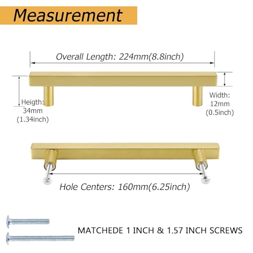 Goldenwarm 10 Pack 6-1/4 Inch Gold Cabinet Handles Brass Kitchen Pulls - color: Gold, size: 6-1/4 Inch Hole Center