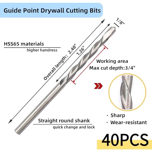 42 Pieces Drywall Cutting Tools, 1/8 Inch(40pcs) and 3/16 Inch(2pcs) Guide Point Cutting Bits,HSS65(M2) Materials Drill Bits, Cutting Drywall, Used for with Spiral Saw and Power Tools
