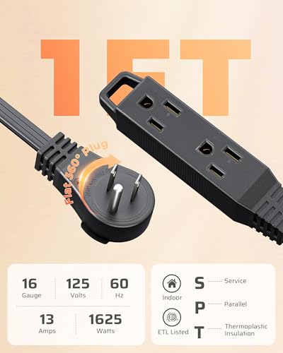 DEWENWILS 1FT 360° Rotating Flat Plug Extension Cord/Wire, 16/3, 2 Pack - color: Black, size: 1FT, style: 2 Pack