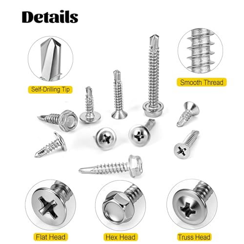 475Pcs #8#10 Self Tapping Screws for Metal, 410 Stainless Steel Self Drilling Screws Assortment, Truss Head & Hex Head & Pan Head Sheet Metal Screws, Length 1/2" to 2" - size: 475pcs #8#10 Silver