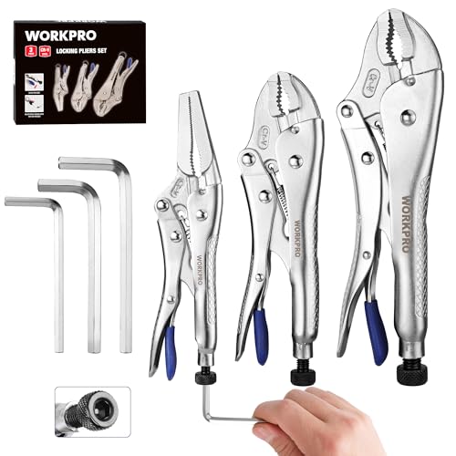 WORKPRO 3PCS Locking Pliers with Hex Key, Long Nose Curved Jaws Vice Grips