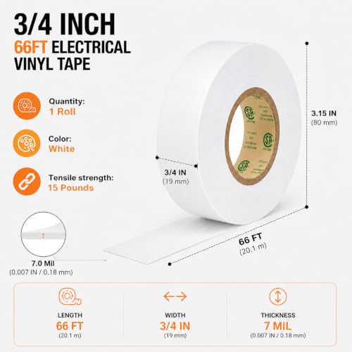 3/4" x 66ft White Electrical Tape, V-0 Flame Retardant, 600V Rated - color: White