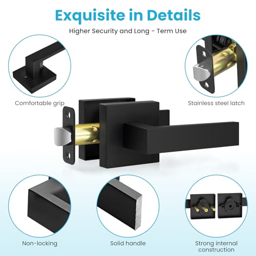 Estmoon 4 Pack Passage Door Knobs - Black Door Handle Interior Door Levers, Heavy Duty Non-Locking Locksets Hall Closet Handles, Reversible for Right & Left Sided Doors