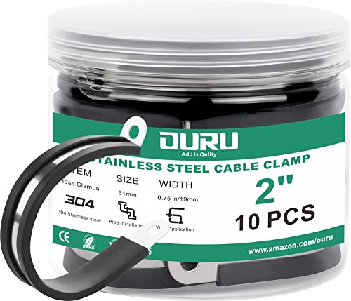OURU 10pcs 2 Inch Stainless Steel Cable Clamps,Rubber Coated Cushioned Insulated Cable Clamp,Automotive Cable Wire Clamps,Pipe Clamps,Metal Clamp for Tube,Lines,Wire Cord Installation(Black,51mm) - size: 10pcs - 2"