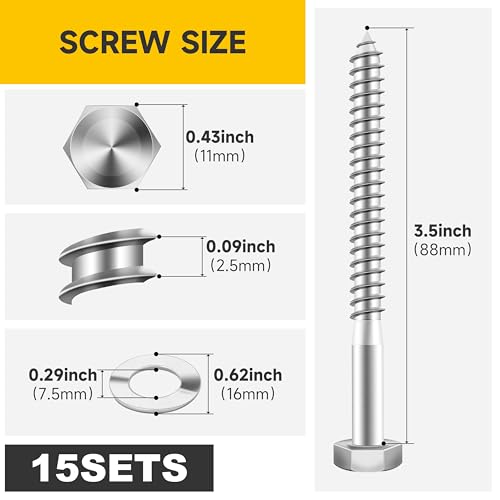 (15Sets) 1/4" x 3-1/2" Hex Head Lag Bolts, Heavy Duty Lag Screws with Washers, 304 Stainless Steel Bolts 18-8, Lag Screws Wood Screws, Partial Thread Bright Finish, 1/4 Bolt by Mywish - size: 1/4 x 3-1/2" (15 set)