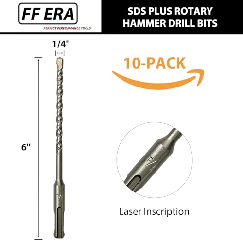 10-Pack SDS Plus 1/4" x 6" Rotary Hammer Drill Bits, Carbide Tipped for Brick, Stone and Concrete - size: 1/4" x 6" (10-Pack)