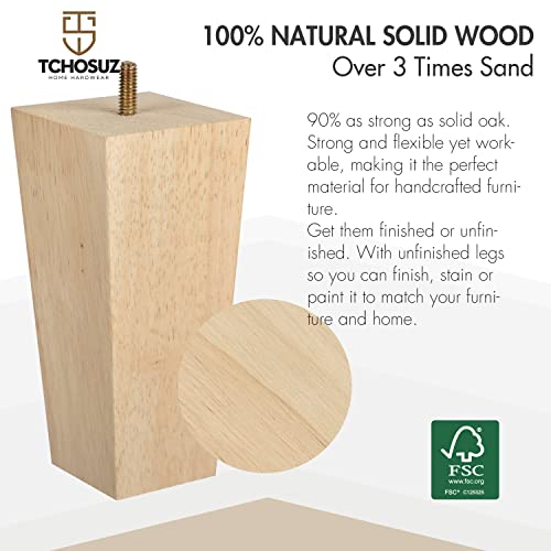 6 inch / 15cm Wooden Furniture Legs, Pack of 4 Mid Century Modern Solid Wood Unfinished Pyramid Square DIY Replacement Feet with 5/16" Hanger Bolts & T-Nuts for Sofa Couch Bed Recliner Riser - color: Unfinished, size: 6''/15cm