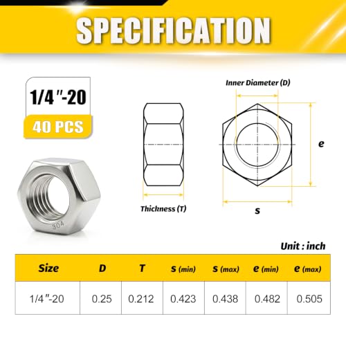 40Pcs 1/4-20 UNC Hex Nuts 304 Stainless Steel A2-70 Inch Thread - size: SAE 1/4-20;40pcs