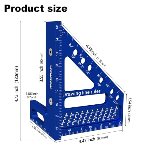3D Multi-Angle Aluminum Alloy Woodworking Square Ruler, 22.5-90 Degree Protractor, High Precision Miter Triangle Ruler for Engineers, Carpenters, and Craftsmen - color: Blue